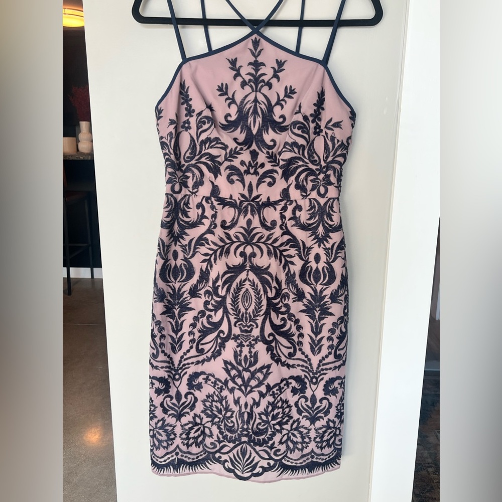 BCBGMaxAzria knee length embroidered cocktail dress with strap detail